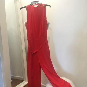 MK Belted Red Crepe Sleeveless Jumpsuit